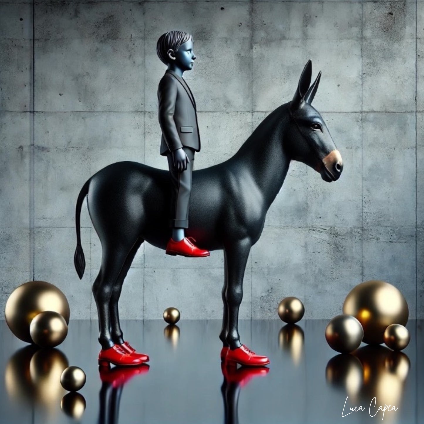 Red Shoes – by Luca Capea | Surreal Boy & Donkey | Contemporary Fine Art Print