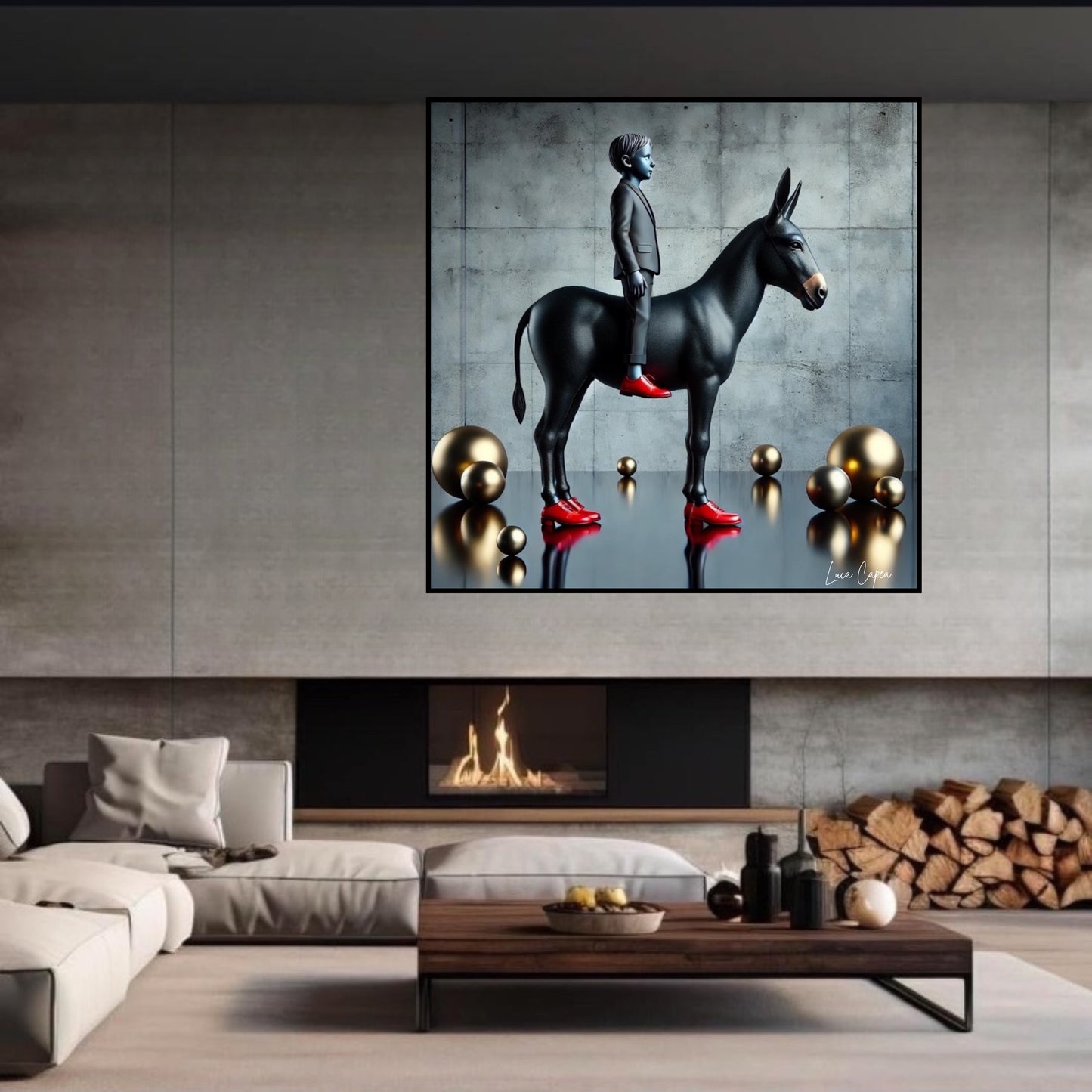 Red Shoes – by Luca Capea | Surreal Boy & Donkey | Contemporary Fine Art Print
