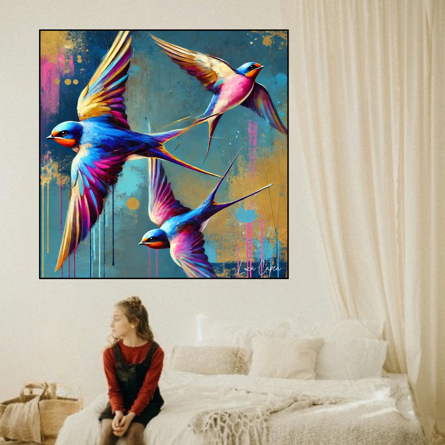 Swallows – by Luca Capea | Vibrant Abstract Bird Art | Expressive Flight Canvas Print
