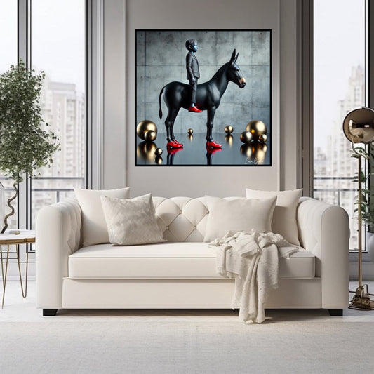 Red Shoes – by Luca Capea | Surreal Boy & Donkey | Contemporary Fine Art Print