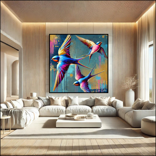 Swallows – by Luca Capea | Vibrant Abstract Bird Art | Expressive Flight Canvas Print
