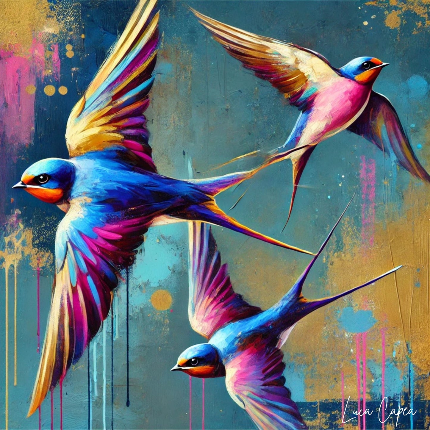 Swallows – by Luca Capea | Vibrant Abstract Bird Art | Expressive Flight Canvas Print