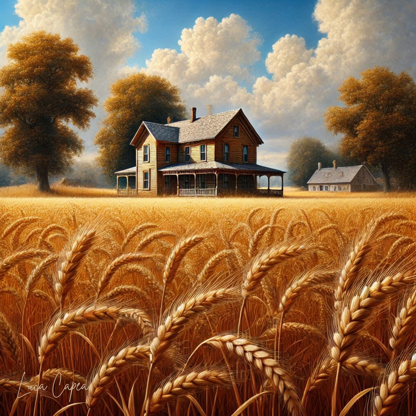 The Old Farm – by Luca Capea | Rustic American Farmhouse Art Print | Golden Wheat Fields Fine Canvas