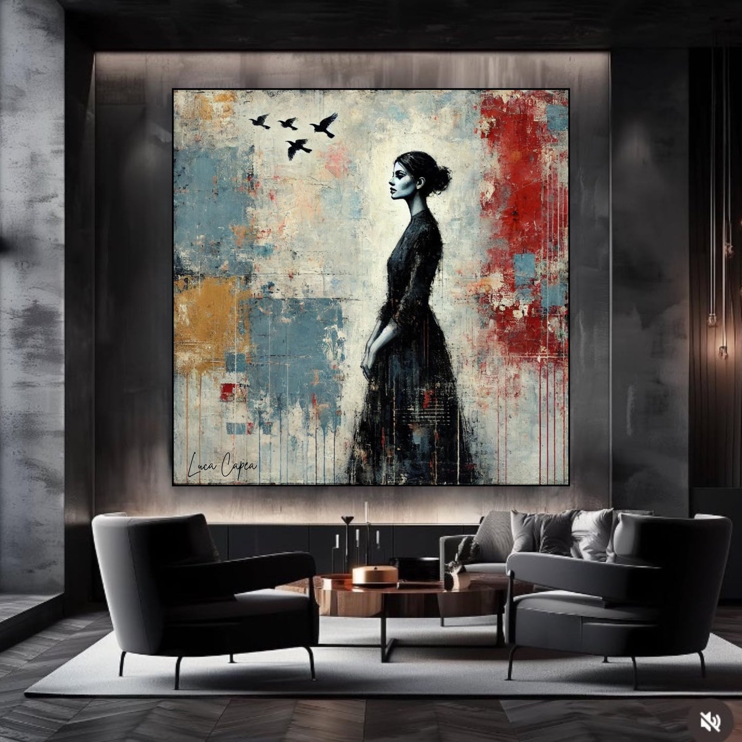 Woman with Birds – by Luca Capea | Elegant Abstract Figurative Art | Expressive Mixed-Media Canvas Print"