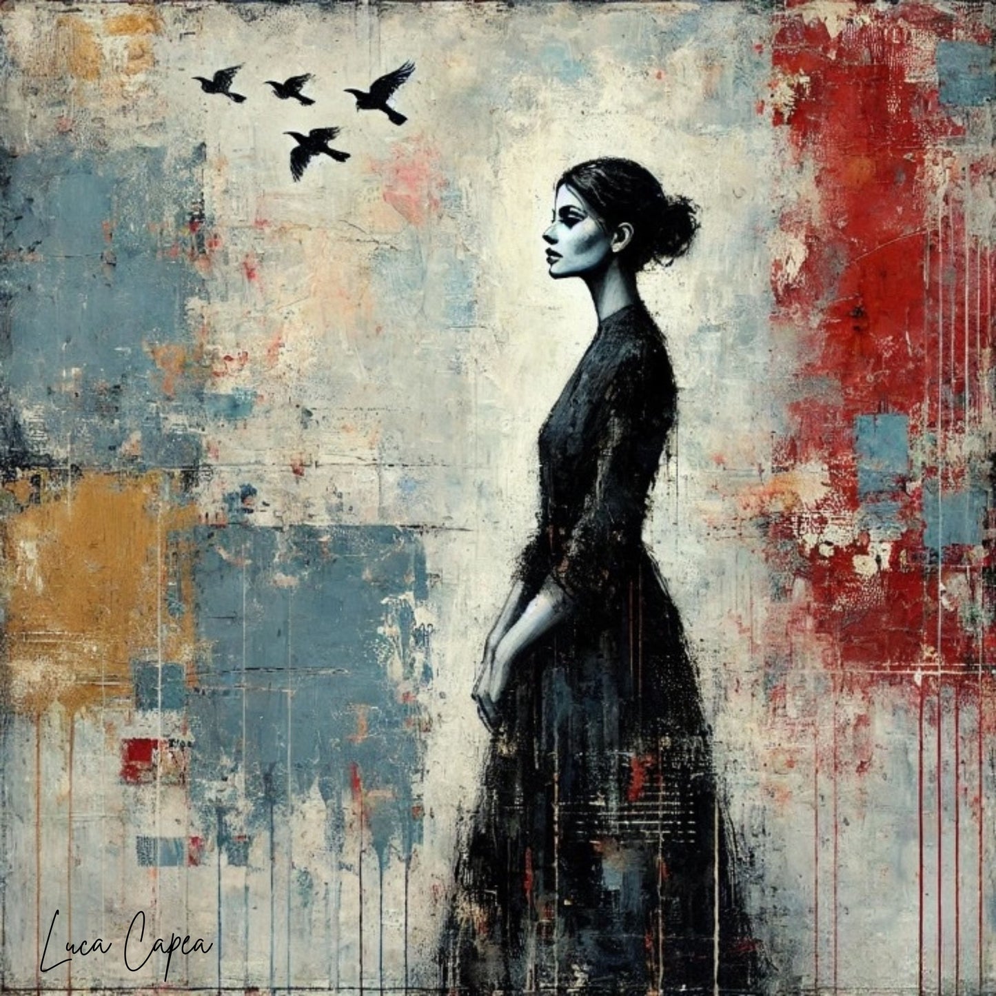 Woman with Birds – by Luca Capea | Elegant Abstract Figurative Art | Expressive Mixed-Media Canvas Print"