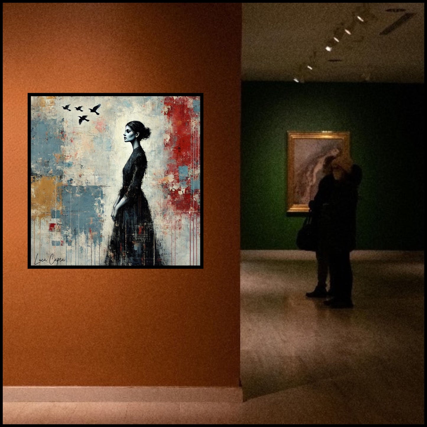 Woman with Birds – by Luca Capea | Elegant Abstract Figurative Art | Expressive Mixed-Media Canvas Print"