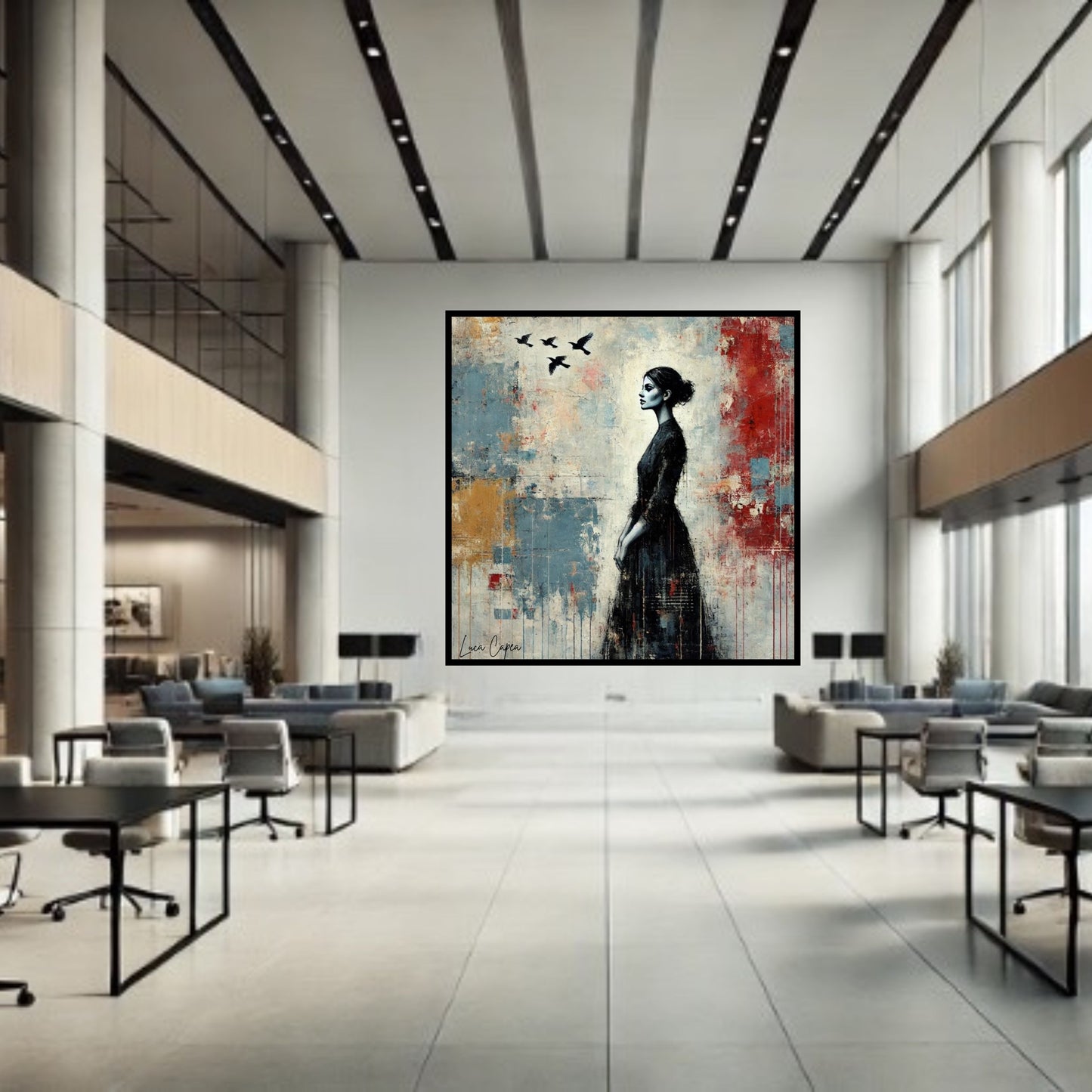 Woman with Birds – by Luca Capea | Elegant Abstract Figurative Art | Expressive Mixed-Media Canvas Print"