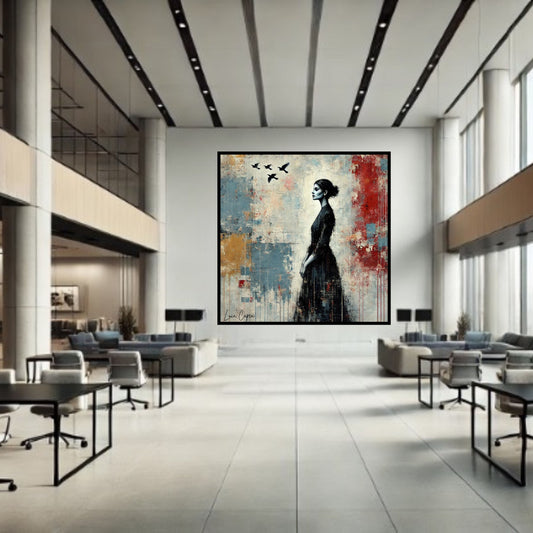 Woman with Birds – by Luca Capea | Elegant Abstract Figurative Art | Expressive Mixed-Media Canvas Print"