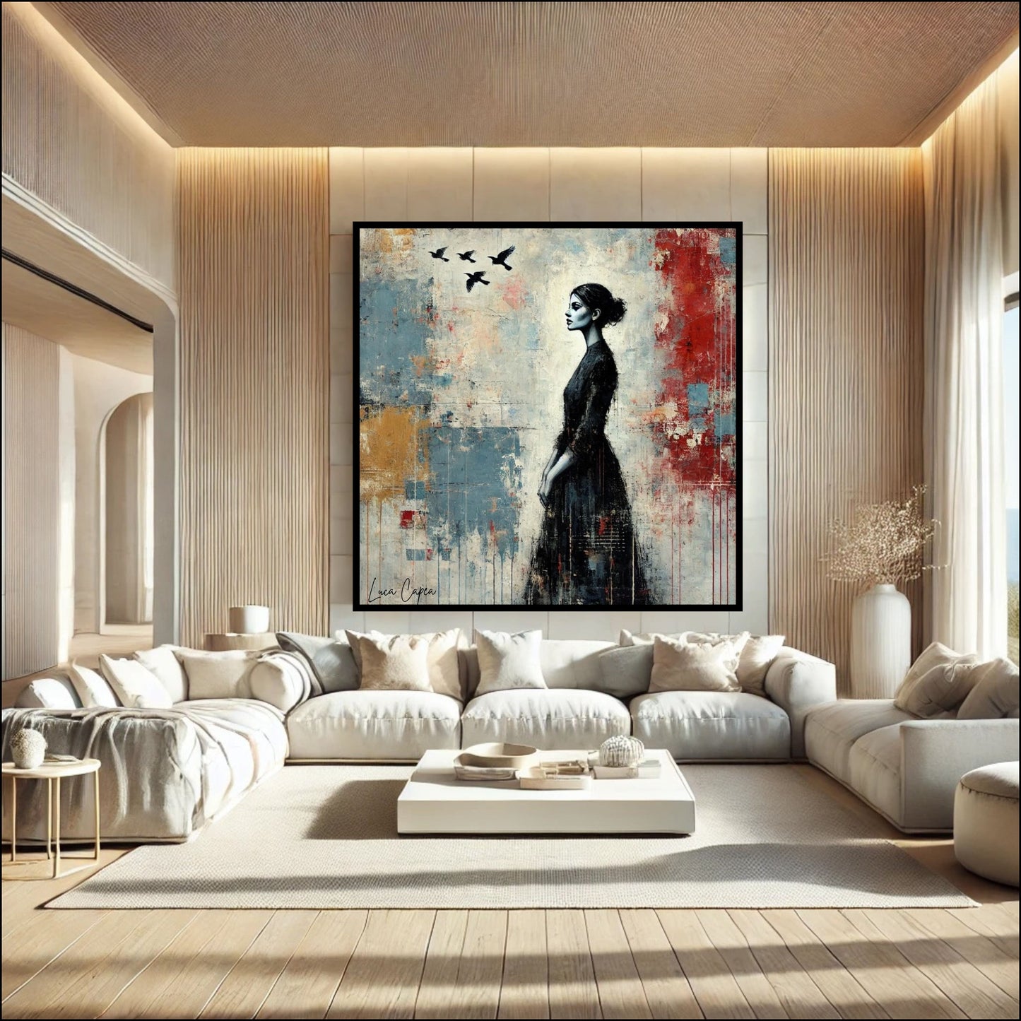 Woman with Birds – by Luca Capea | Elegant Abstract Figurative Art | Expressive Mixed-Media Canvas Print"