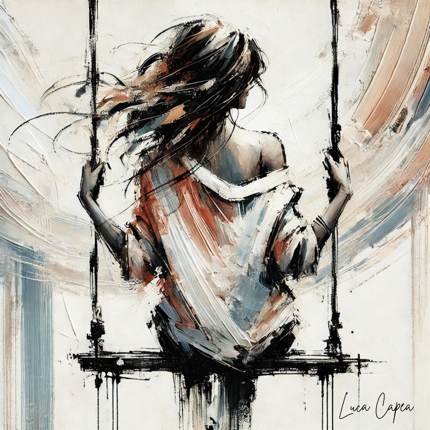 Drifting on a Swing – by Luca Capea | Expressive Abstract Woman Art | Dreamlike Figurative Canvas Print
